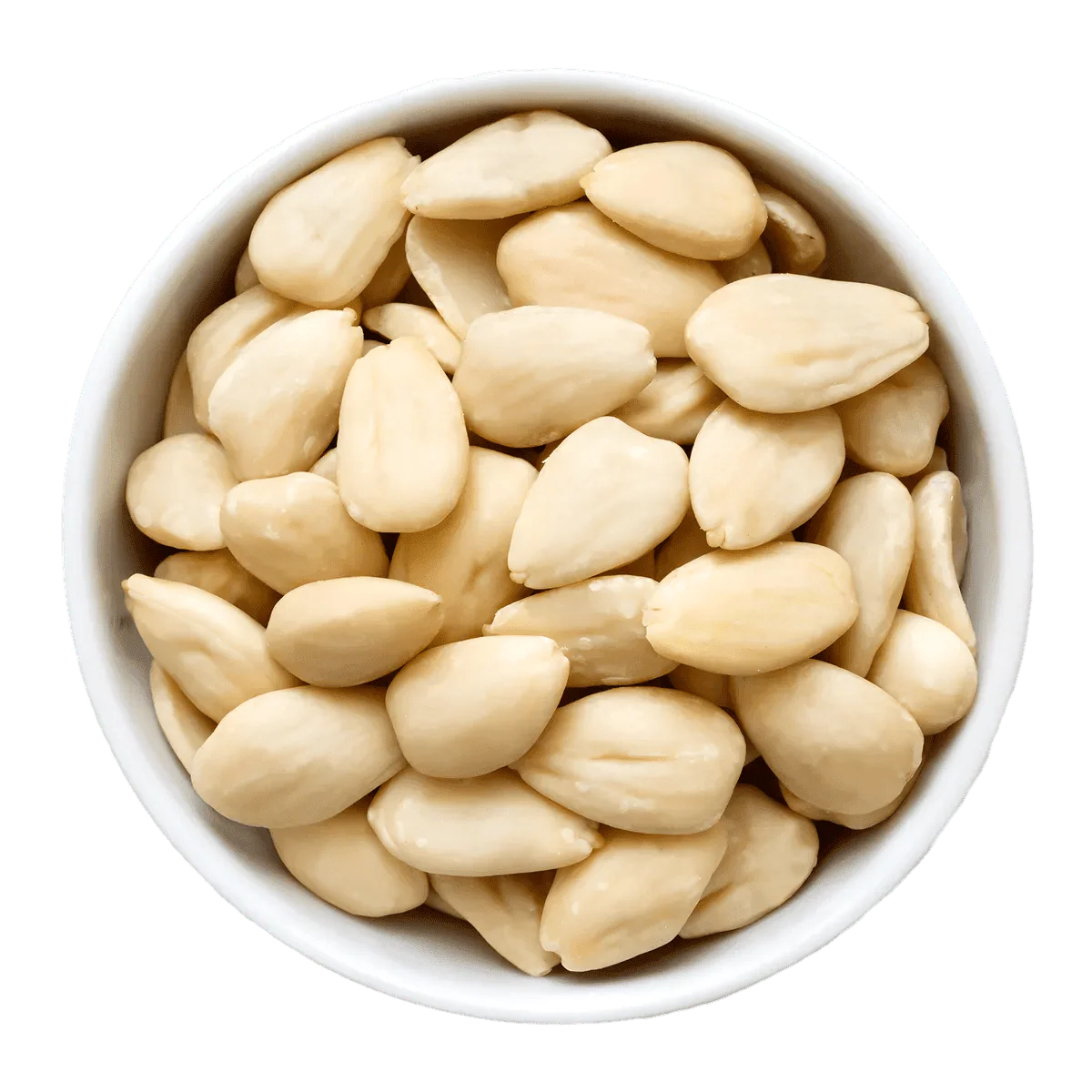 Mandorle pelate intere in una ciotola bianca, sfondo verde.