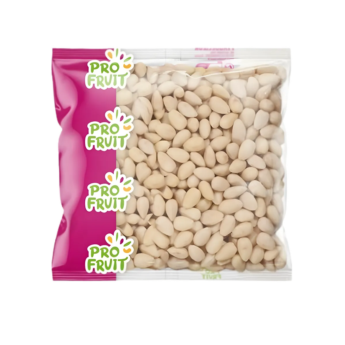 Amandes blanchies entières PROFRUIT en sachet transparent avec logo coloré, parfaites pour l'épicerie sucrée ou la cuisine saine.