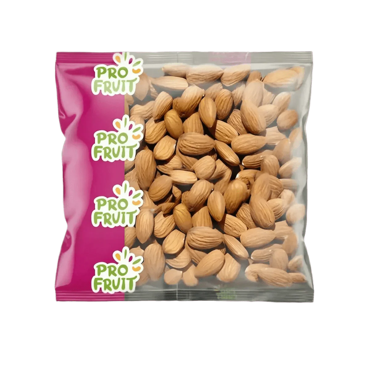 PROFRUIT almond bag 400g. Roasted and salted almonds, pink and transparent packaging.