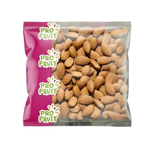 PROFRUIT almond bag 400g. Roasted and salted almonds, pink and transparent packaging.