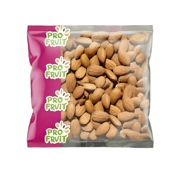 Sachet amandes PROFRUIT 400g. Amandes grillées et salées, emballage rose et transparent.