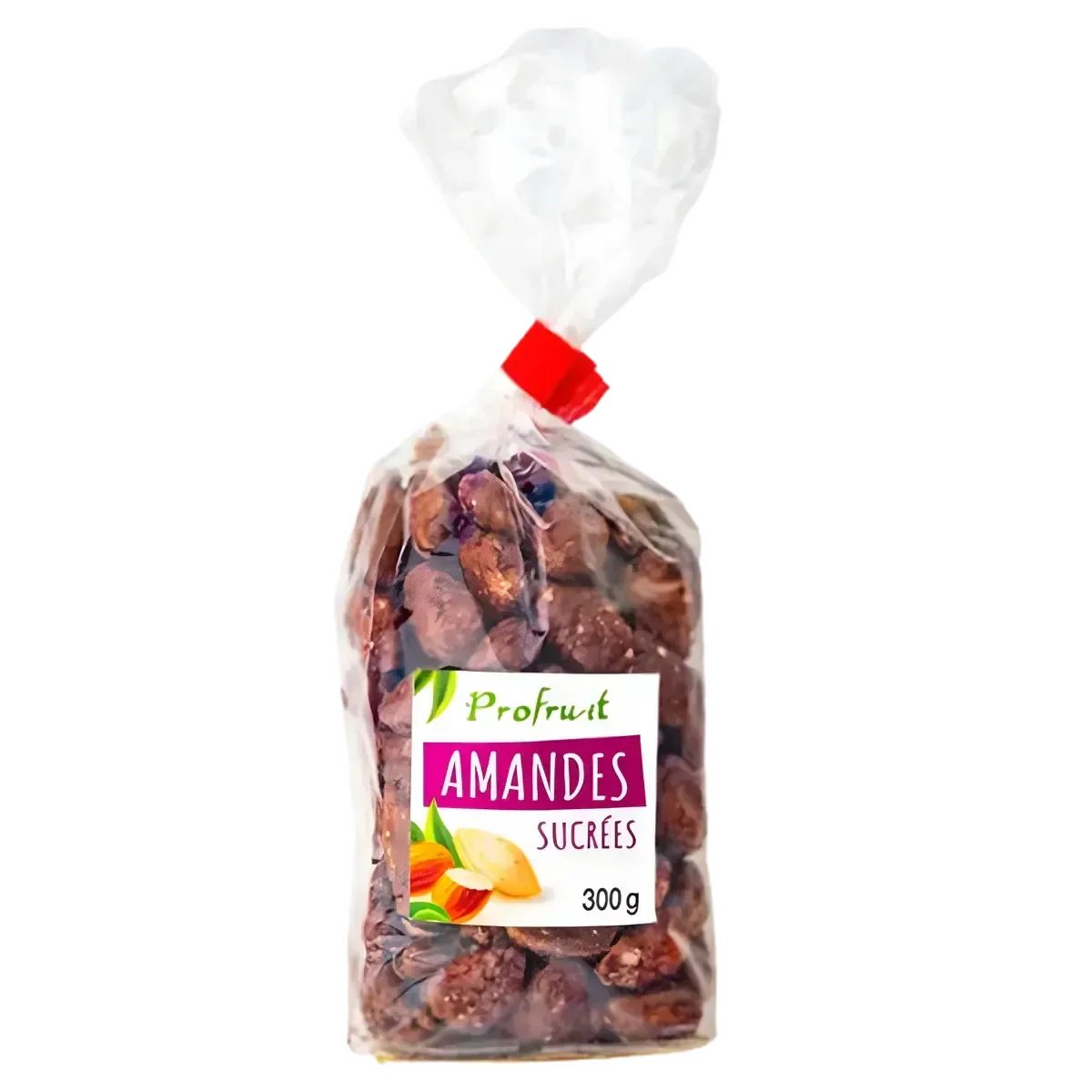 Transparent bag of Profrutti sweetened almonds, colorful label, tied with a red ribbon.