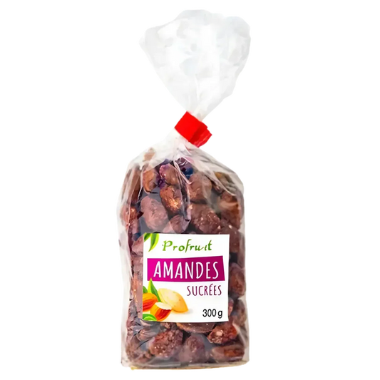 Transparent bag of Profrutti sweetened almonds, colorful label, tied with a red ribbon.
