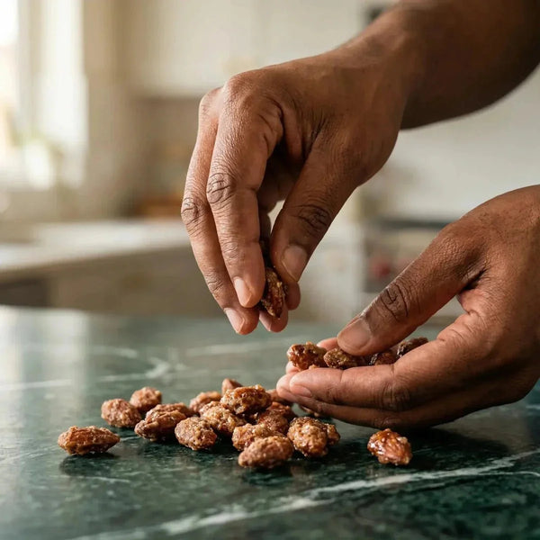 Amandes sucrées par PROFRUIT, prises dans la main d'une personne, sur un comptoir à motif vert.
