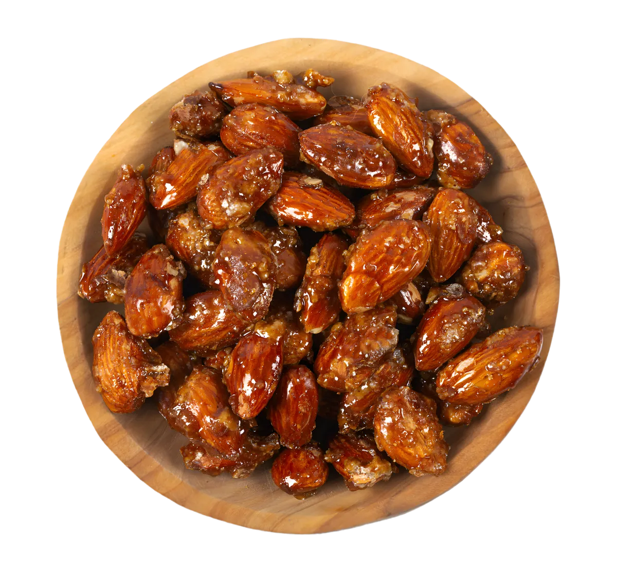Bol en bois rempli d'amandes sucrées PROFRUIT brillantes et caramélisées, parfaites comme collation croquante ou garniture gourmande.