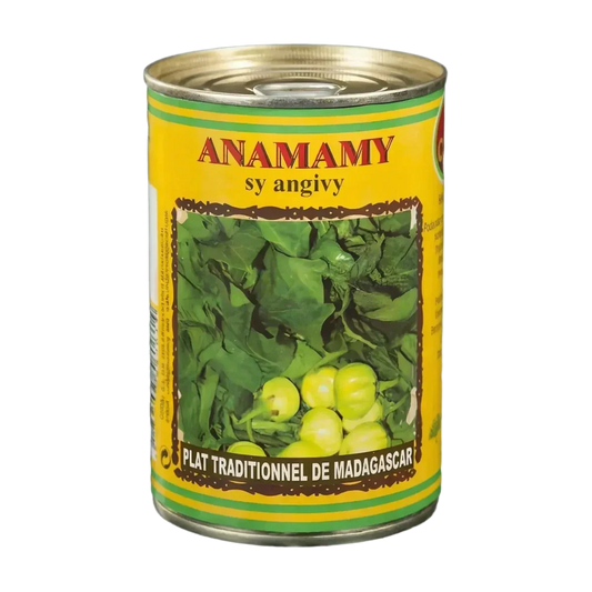 Conserve Anamamy sy angivy CODAL, traditioneel Malagassisch gerecht, 400g. Geel-groene doos.