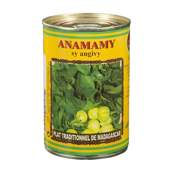 Conserve Anamamy sy angivy CODAL, plat malgache traditionnel, 400g. Boîte jaune et verte.