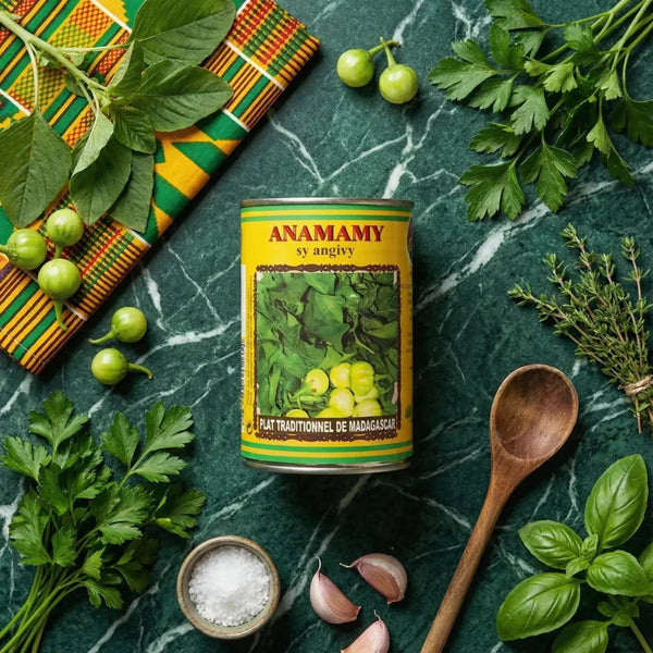 Conserve Anamamy sy angivy CODAL 400g, plat malgache traditionnel. Boîte jaune.
