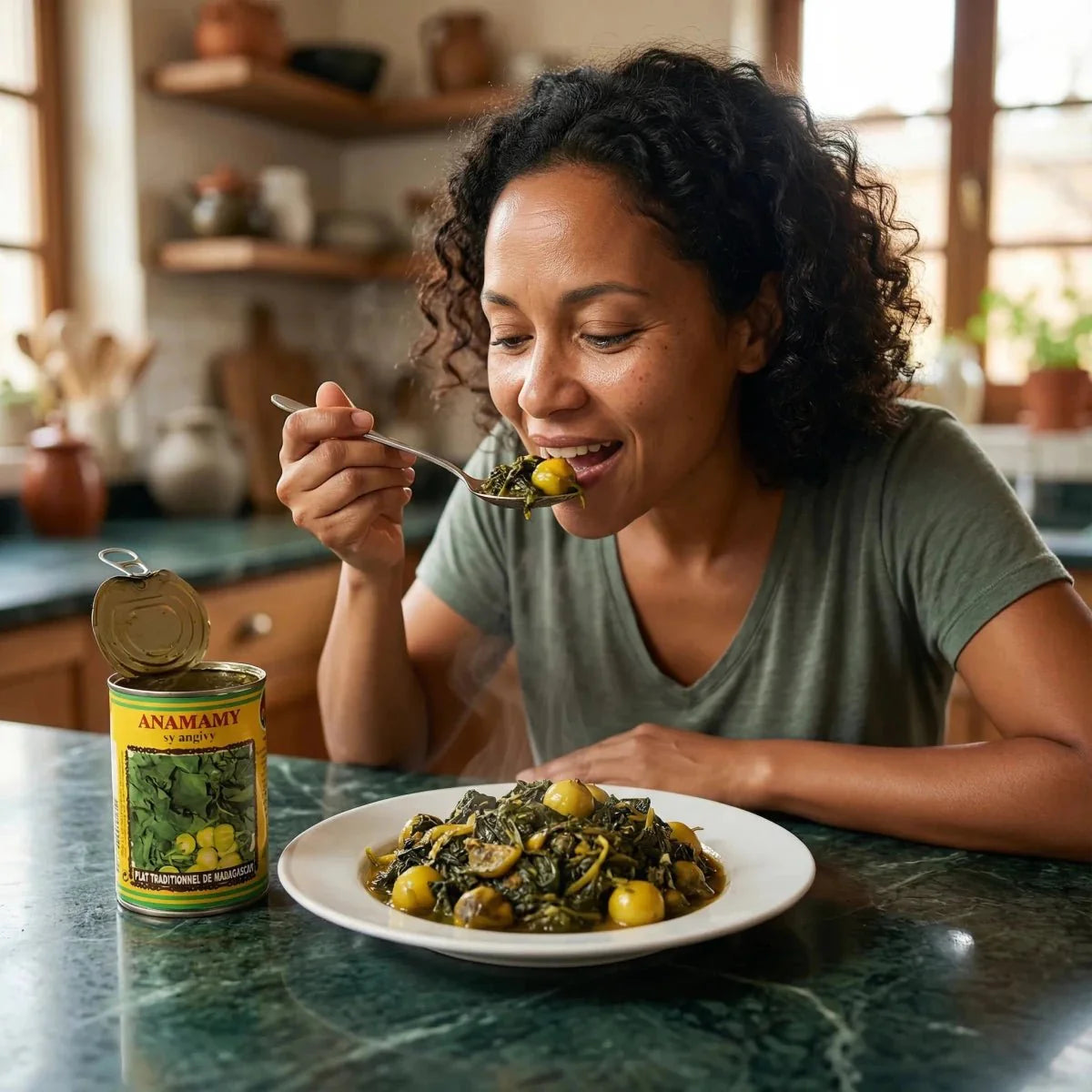 Vrouw die Anamamy sy angivy uit blik eet, traditioneel Malagassisch gerecht. Blik, bord.