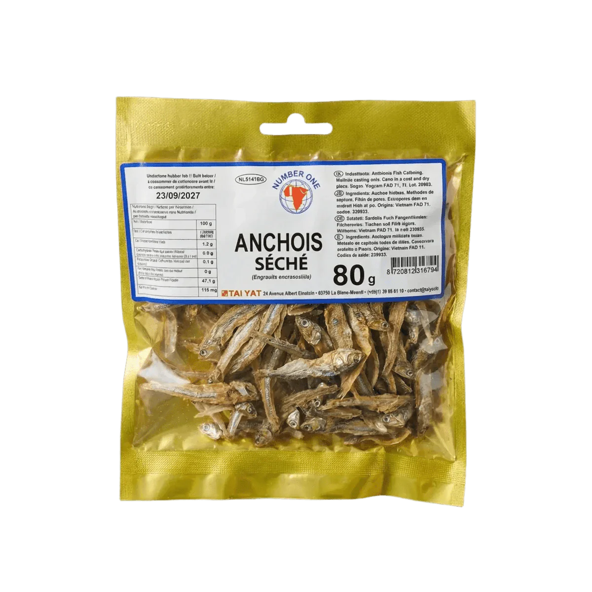 Golden pouch of dried anchovies "Number One" (80g). Product of the Asian sea, ready to eat.