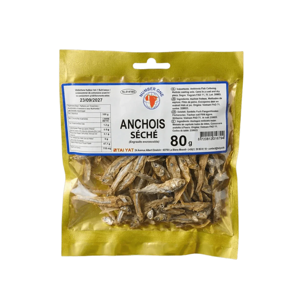 Sachet doré d'anchois séchés "Number One" (80g). Produit de la mer asiatique, prêt à consommer.