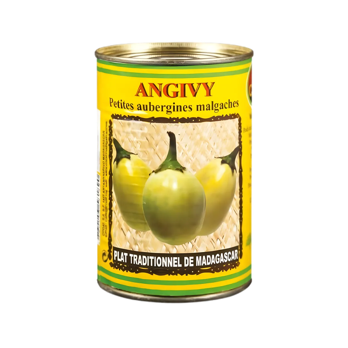 Boîte de conserve Angivy naturel CODAL, petites aubergines malgaches, légume authentique pour épicerie salée et plats traditionnels.