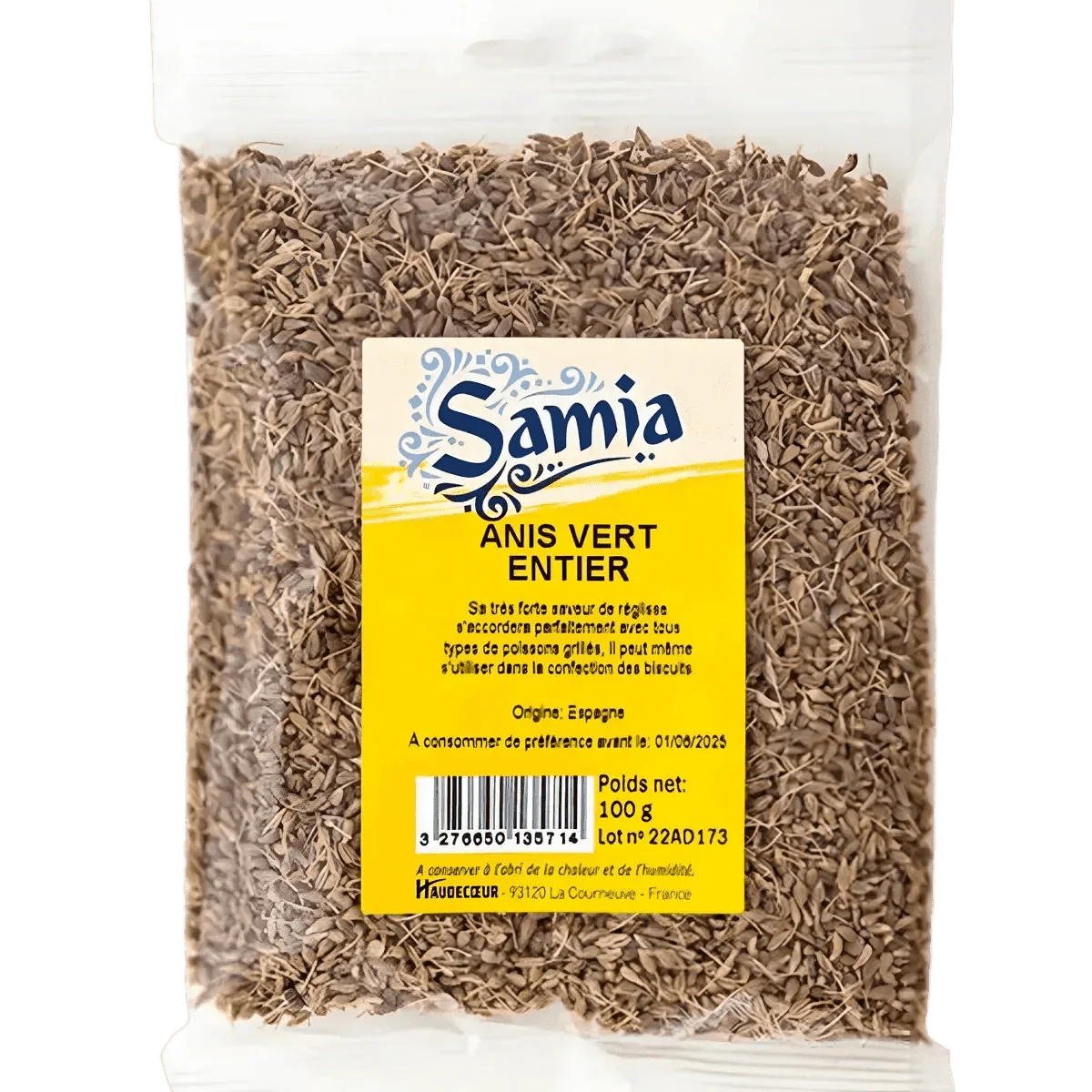 Zakje 100g hele groene anijs SAMIA. Bruine zaadjes, transparante plastic verpakking.