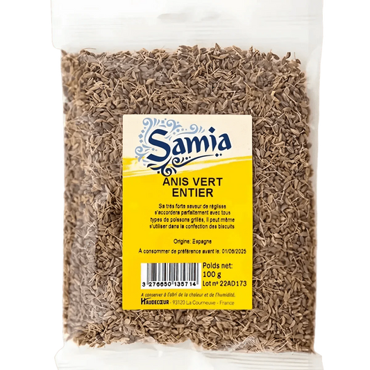 Zakje 100g hele groene anijs SAMIA. Bruine zaadjes, transparante plastic verpakking.