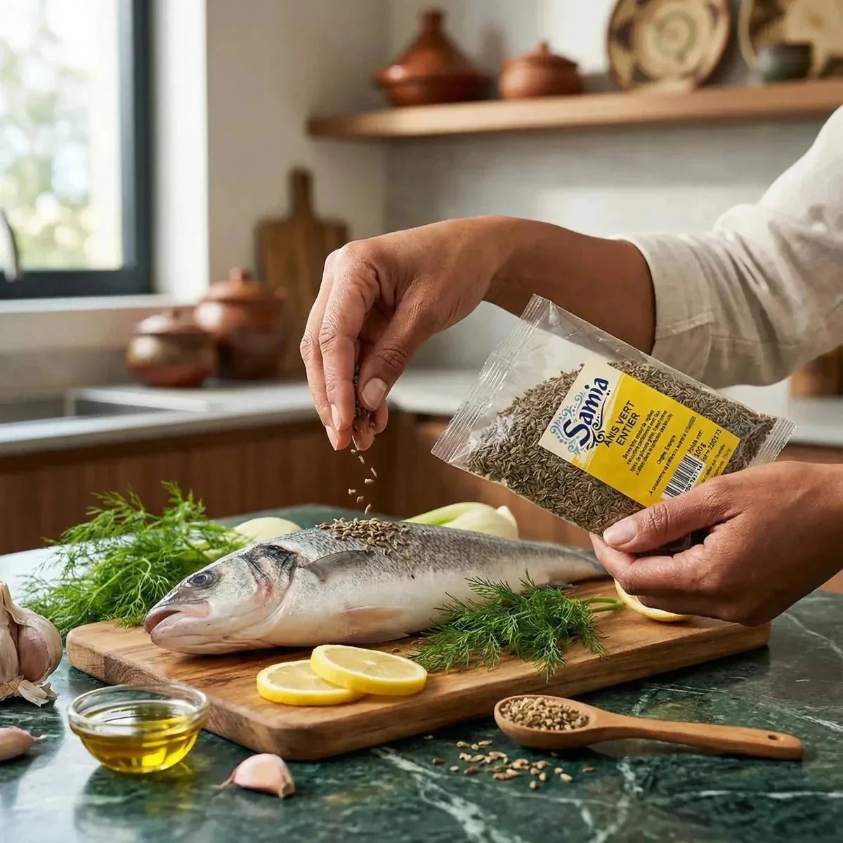 Préparation d'un poisson. Sachet d'anis vert entier SAMIA. Planche à découper, citron, aneth.
