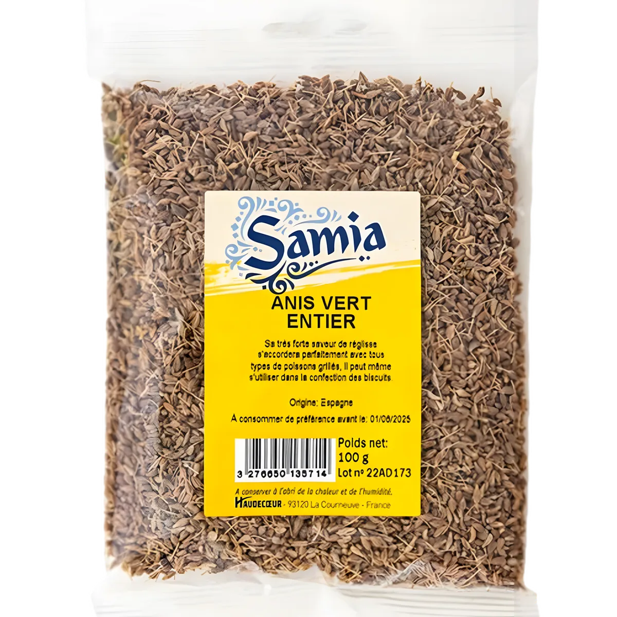 Anis Vert Entier SAMIA - Épice en sachet de 100g, idéale pour cuisine et infusion, saveur douce et parfumée, épicerie salée.