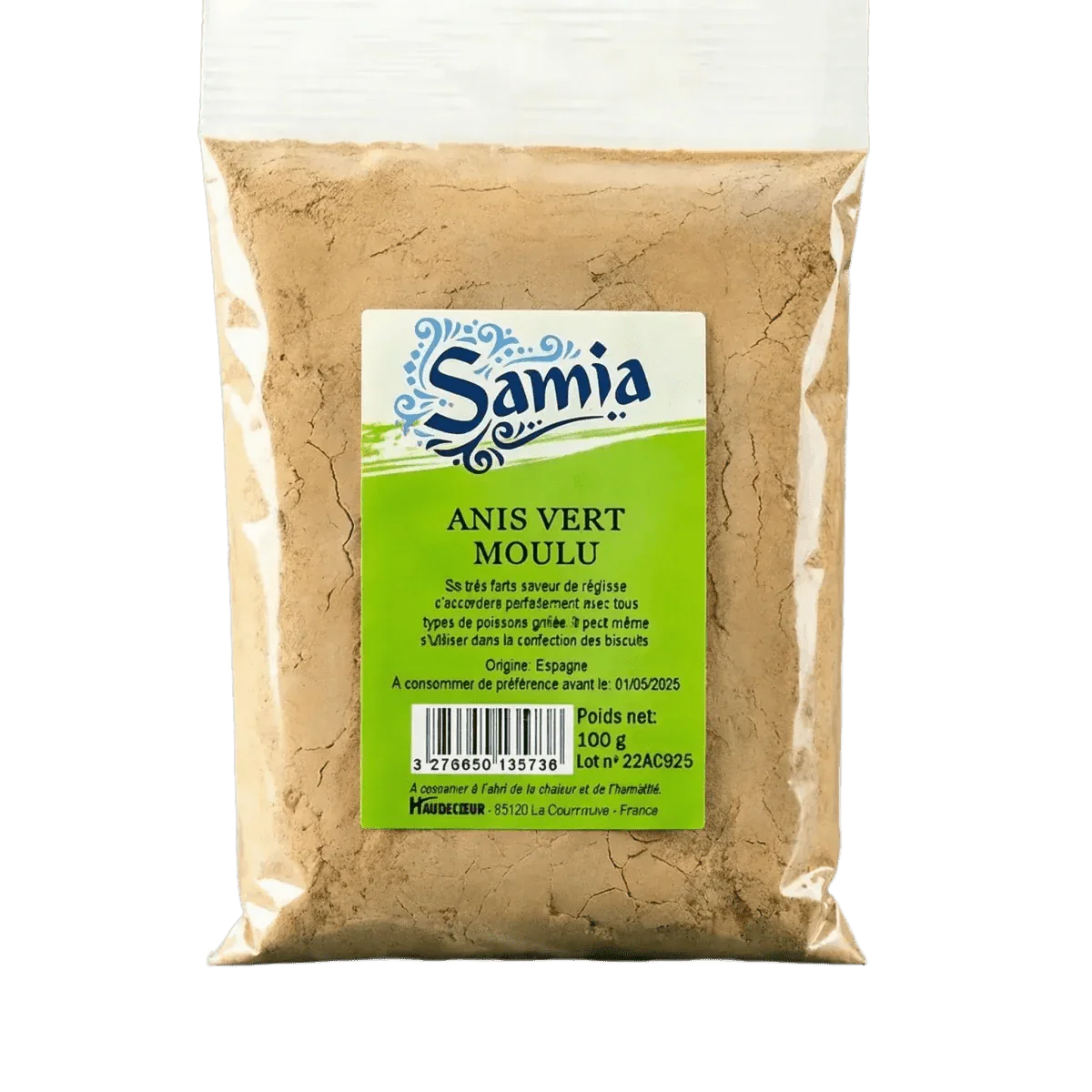Zakje gemalen groene anijs Samia, 100g. Beige poeder in een doorzichtige, verzegelde plastic verpakking.