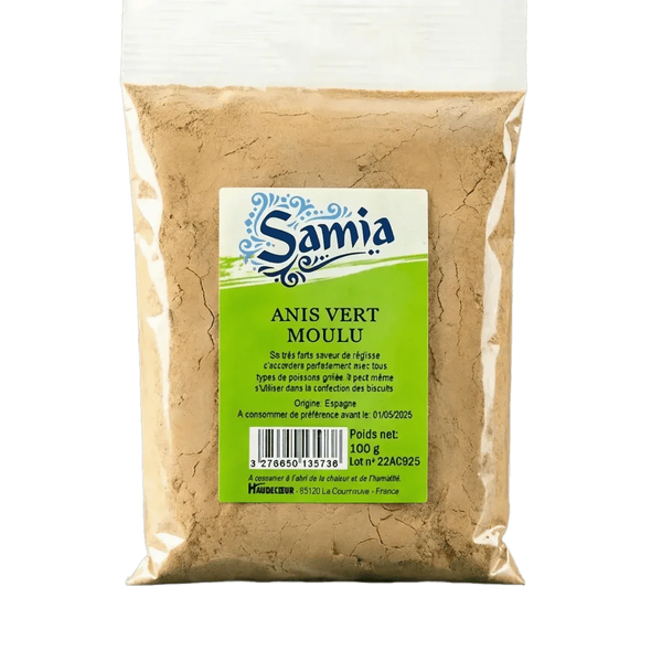 Beutel mit gemahlenem grünen Anis von Samia, 100g. Beigefarbenes Pulver in versiegelter transparenter Kunststoffverpackung.