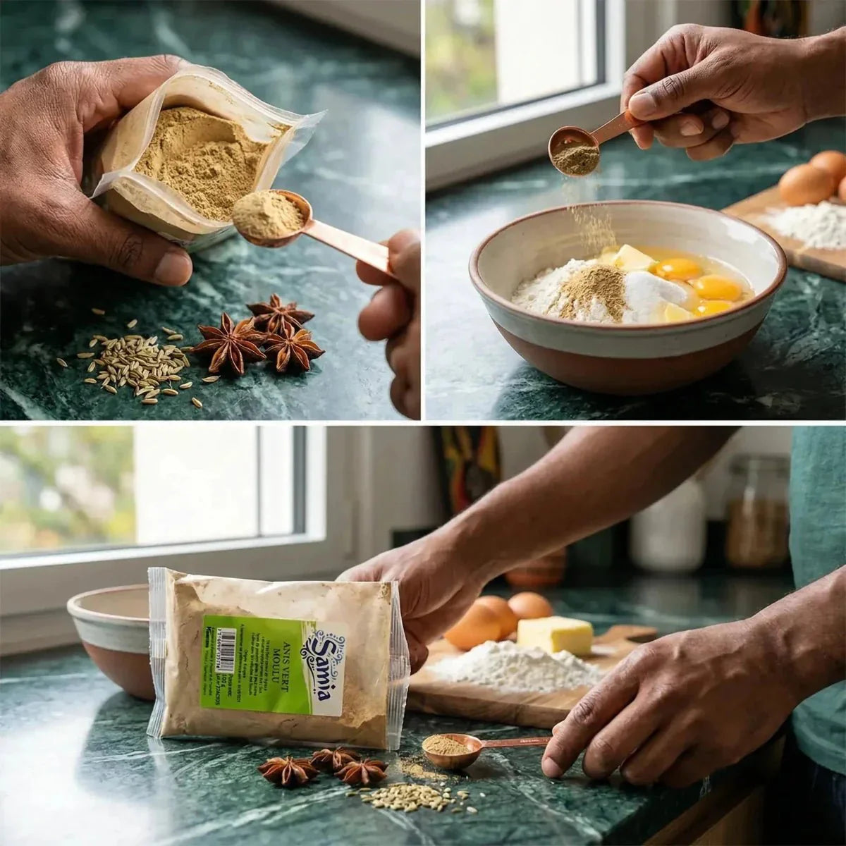 Préparation d'une recette avec de l'anis vert moulu SAMIA. Sachet, épices, œufs, farine.
