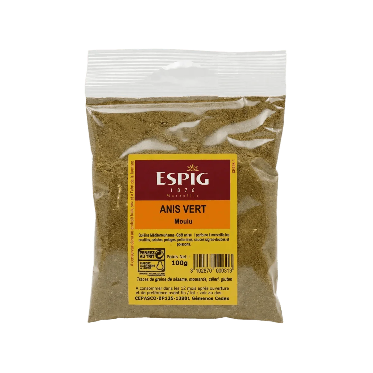 Zakje gemalen groene anijs ESPIG 100g op effen achtergrond. Geel-bruine etikettering.