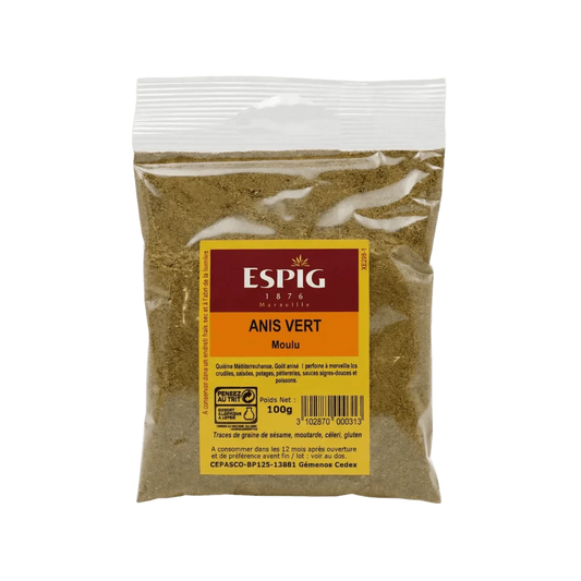 Zakje gemalen groene anijs ESPIG 100g op effen achtergrond. Geel-bruine etikettering.