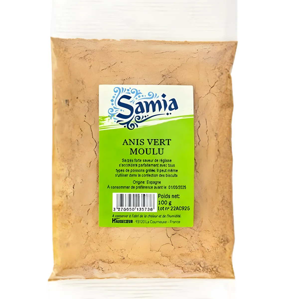 Anis vert moulu SAMIA - Épice fine en sachet de 100g, idéale pour recettes sucrées et salées avec saveur douce et notes de réglisse.