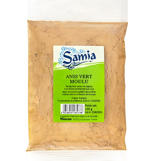 Anis vert moulu SAMIA - Épice fine en sachet de 100g, idéale pour recettes sucrées et salées avec saveur douce et notes de réglisse.