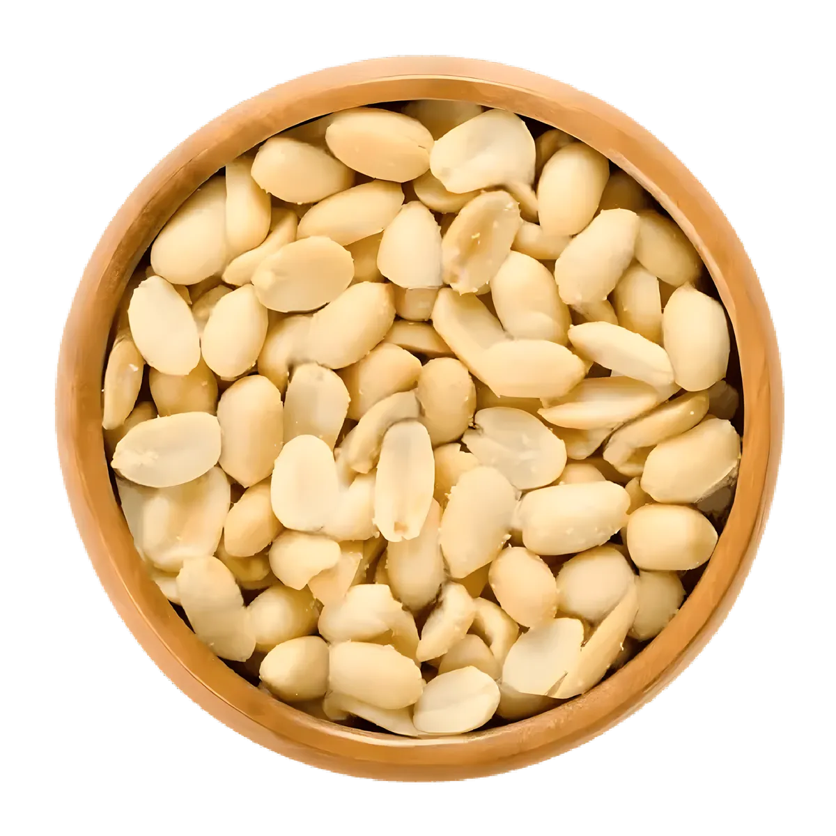 Bol en bois rempli d’arachides blanches salées PROFRUIT, parfaites comme en-cas croquant ou ingrédient pour salades.