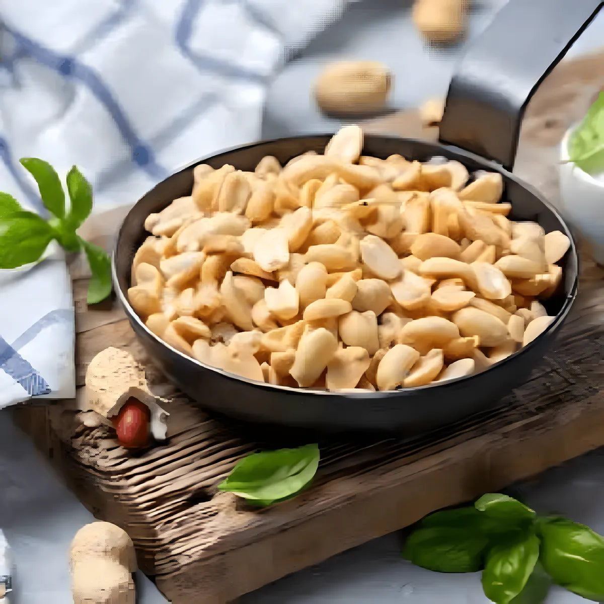 Arachides blanches salées PROFRUIT servies dans une poêle sur planche rustique, snack croquant pour apéritif ou cuisine saine.