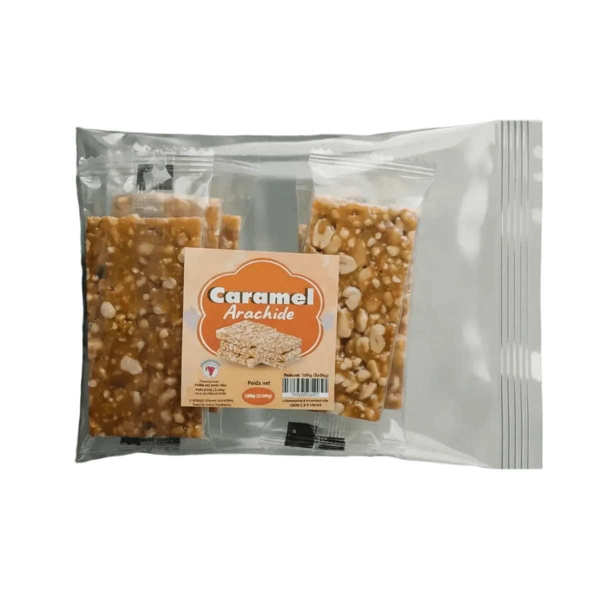 Gekarameliseerde pinda's in een transparant, individueel verzegeld zakje, label Caramel Arachide Number One.