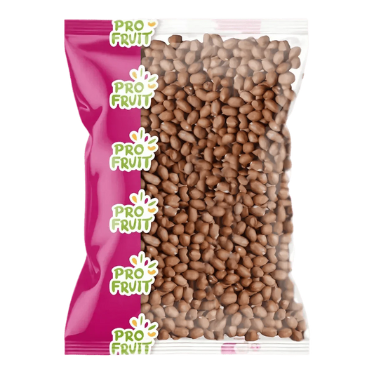 Zak 500g ongepelde rauwe pinda's PROFRUIT, roze/transparante verpakking, groene achtergrond.