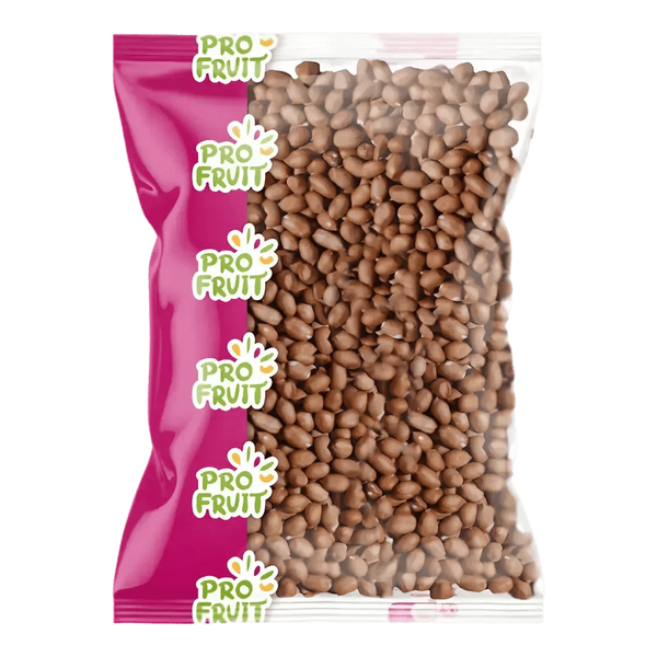 Sachet 500g d'arachides crues décortiquées PROFRUIT, emballage rose/transparent, fond vert.