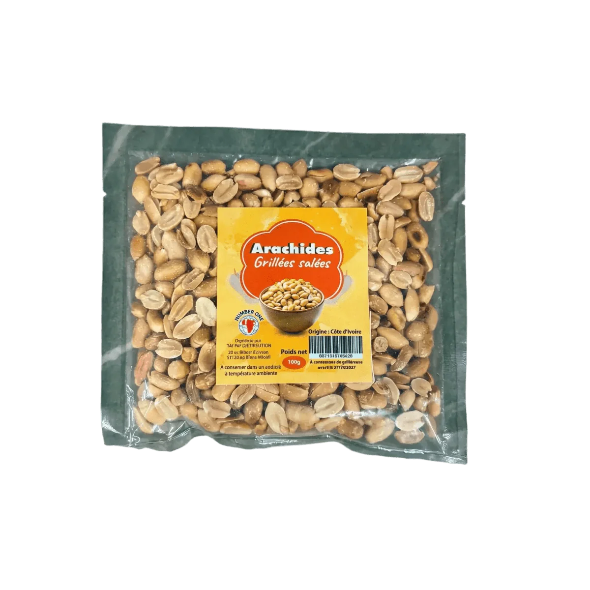 Transparant zakje met gezouten geroosterde pinda's, gele etiket en rode letters.