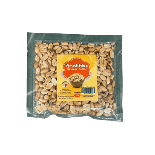 Transparant zakje met gezouten geroosterde pinda's, gele etiket en rode letters.