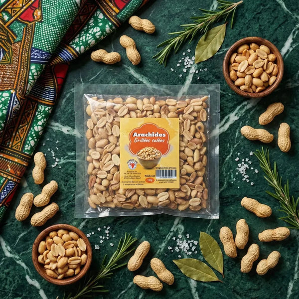 Sachet d'arachides grillées salées sur fond marbré vert, bol de cacahuètes, romarin.