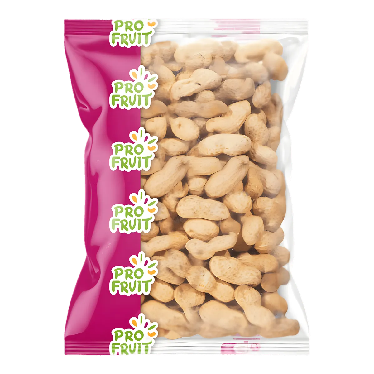 Arachides Grillées PROFRUIT en sachet transparent et rose, cacahuètes entières en coques, snack croquant de fruits secs.