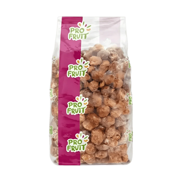 Sachet 500g d'arachides sucrées PROFRUIT, emballage transparent et rayure rose verticale.