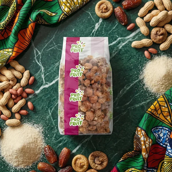 Arachides sucrées PROFRUIT, 500g, emballage transparent et rose. Ambiance gourmande avec dattes.