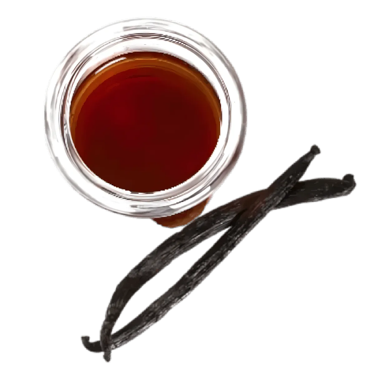 Vue du dessus d’un extrait de vanille liquide avec gousses, parfait pour rehausser les saveurs en pâtisserie et boissons sucrées.
