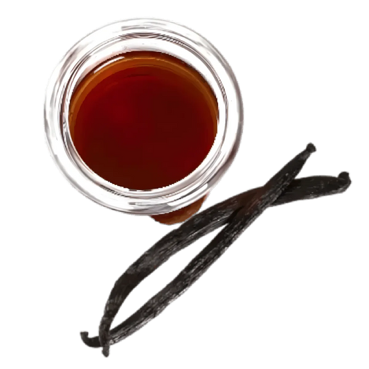 Vue du dessus d’un extrait de vanille liquide avec gousses, parfait pour rehausser les saveurs en pâtisserie et boissons sucrées.