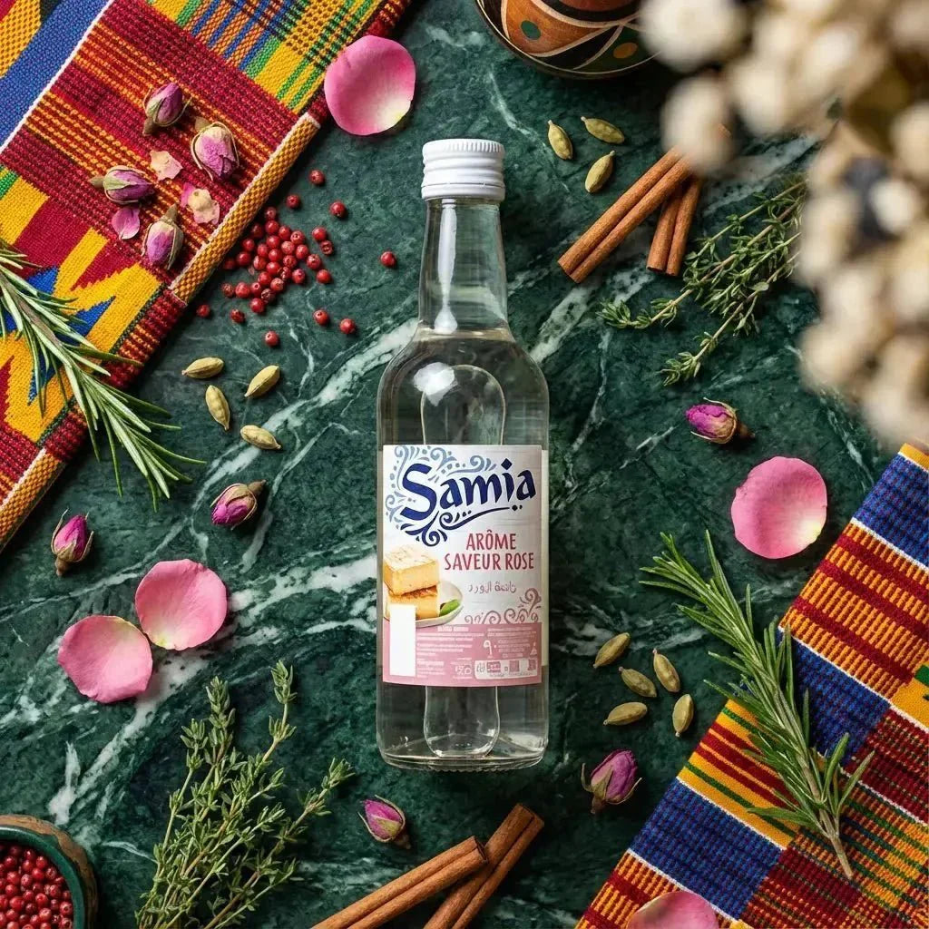Samia rose water bottle on marble, decorated with flowers, spices, and colorful fabric.