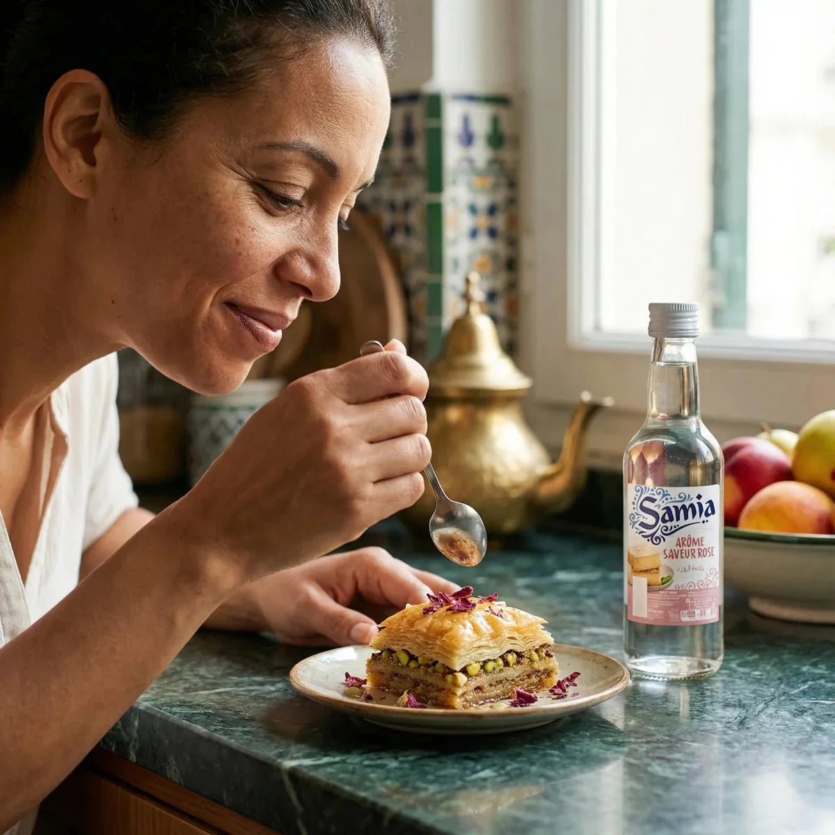 Woman enjoying a baklava drizzled with SAMIA rose aroma. Glass bottle beside it. Oriental decor.