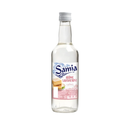 Bouteille d'Arôme de rose SAMIA 500ml, arôme culinaire floral pour pâtisseries, crèmes, thés et cocktails. Épicerie sucrée de qualité.