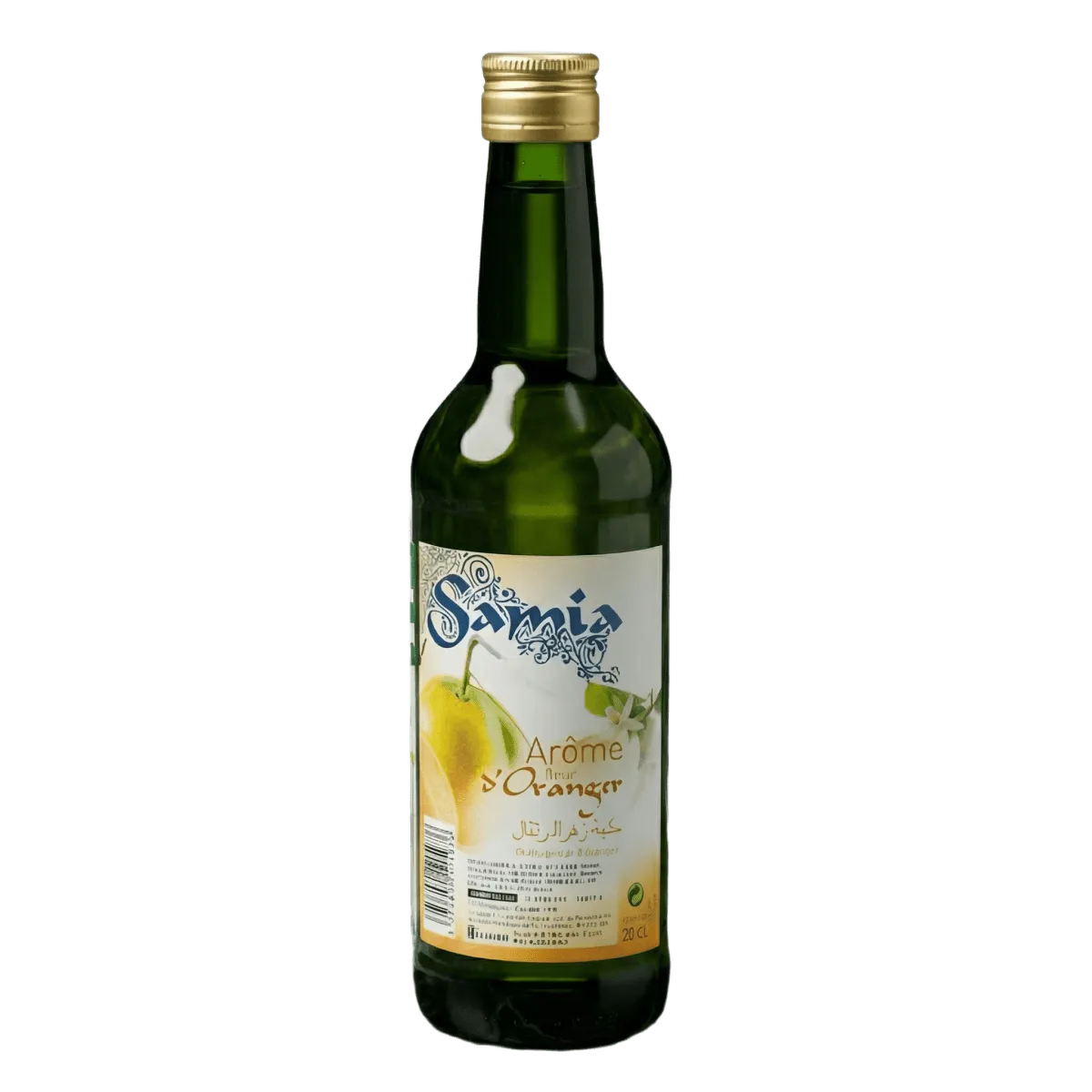Botella de 20cL de aroma de flor de azahar SAMIA, fondo verde oscuro. Etiqueta blanca.