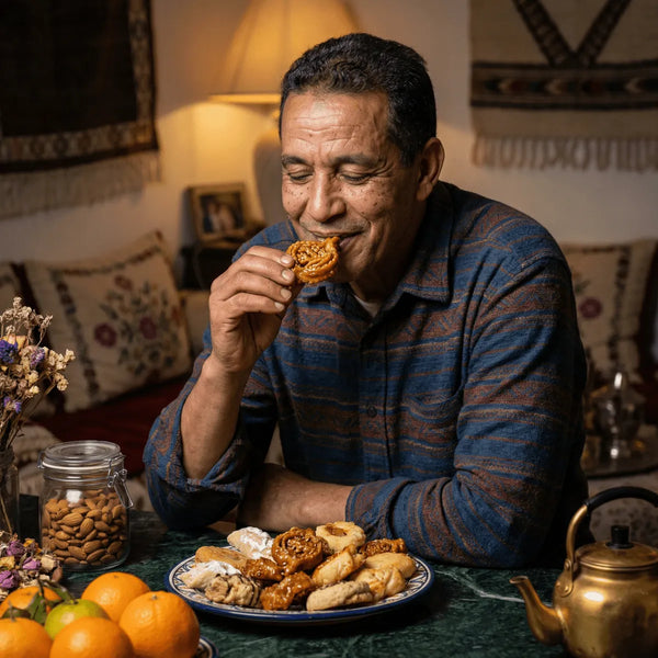 Mann genießt orientalische Gebäckstücke mit einem Topf Mandeln, Zitrusfrüchten und Teekanne.