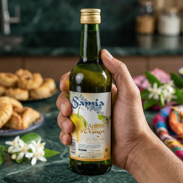 Orangenblütenaroma in einer Flasche von Samia, in einer Hand gehalten, mit Gebäck.