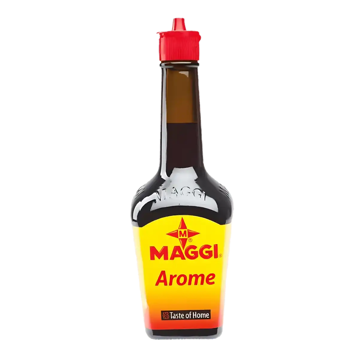 Bouteille d'Arôme MAGGI avec bouchon rouge, assaisonnement emblématique pour rehausser les plats avec des saveurs umami intenses.
