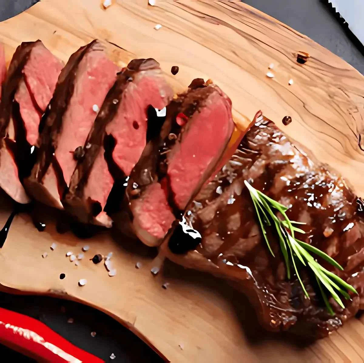 Tranches de steak nappées d'Arôme MAGGI sur planche en bois, mettant en valeur l'effet umami de l'assaisonnement sur les viandes grillées.