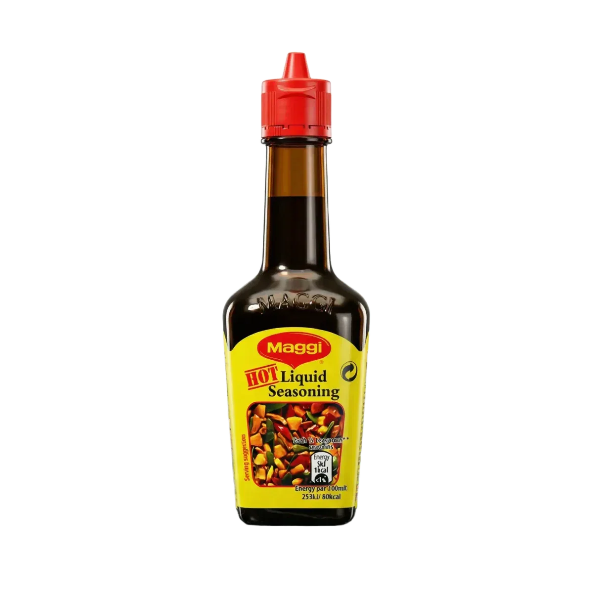 Maggi Hot vloeibaar aroma in fles. Geel etiket, rode dop.