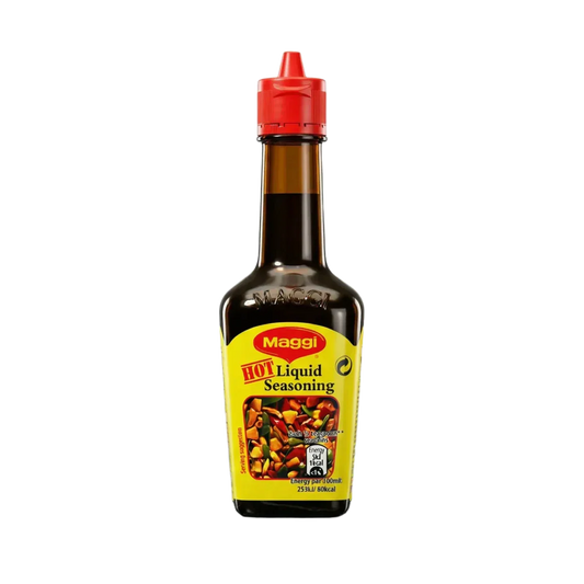 Maggi Hot vloeibaar aroma in fles. Geel etiket, rode dop.